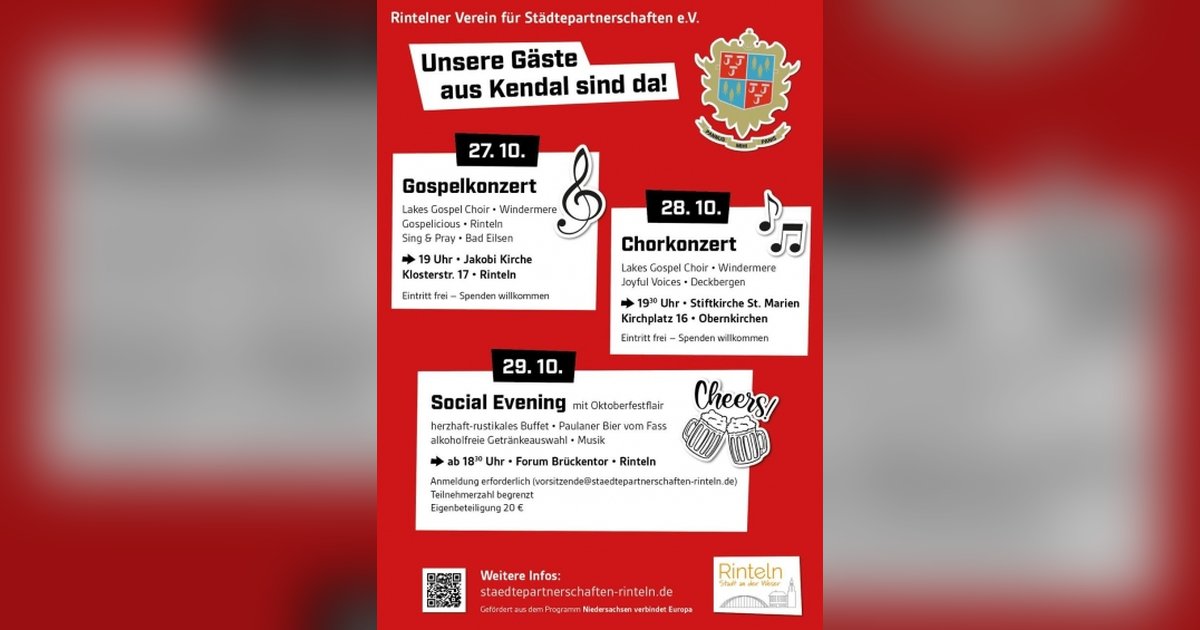 Gäste aus Kendal zu Besuch in Rinteln – Gospel, Chormusik und geselliges Beisammensein
